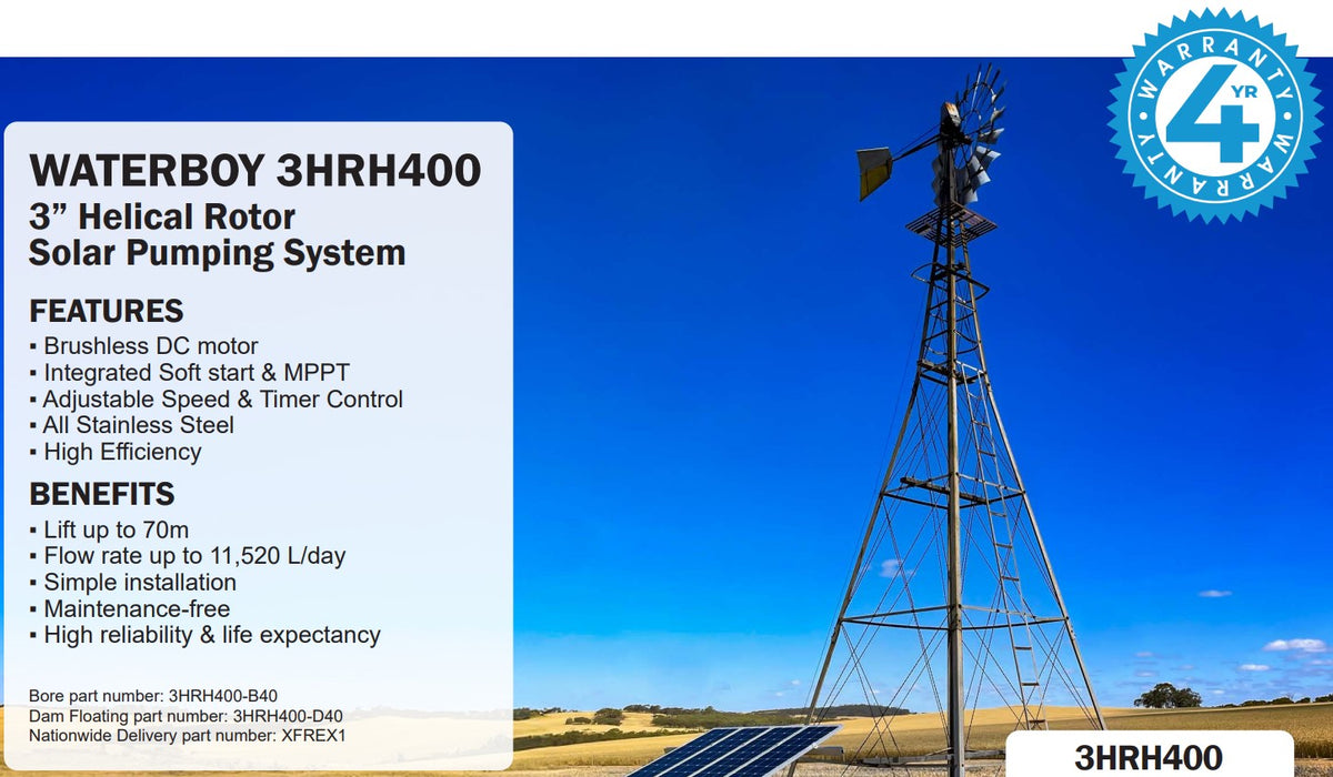 Waterboy 3HRH400 0.50kW Submersible Helical Rotor Solar Bore Pump Complete Kit with x4 140W Solar Panels & 40m Cable (Max 32LPM/700kPa)