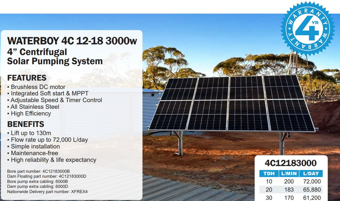 Waterboy 4C12183000 3.00kW High Head Submersible Centrifugal Solar Bore Pump Complete Kit with x8 450W Solar Panels & 40m Cable (Max 200LPM/1300kPa)