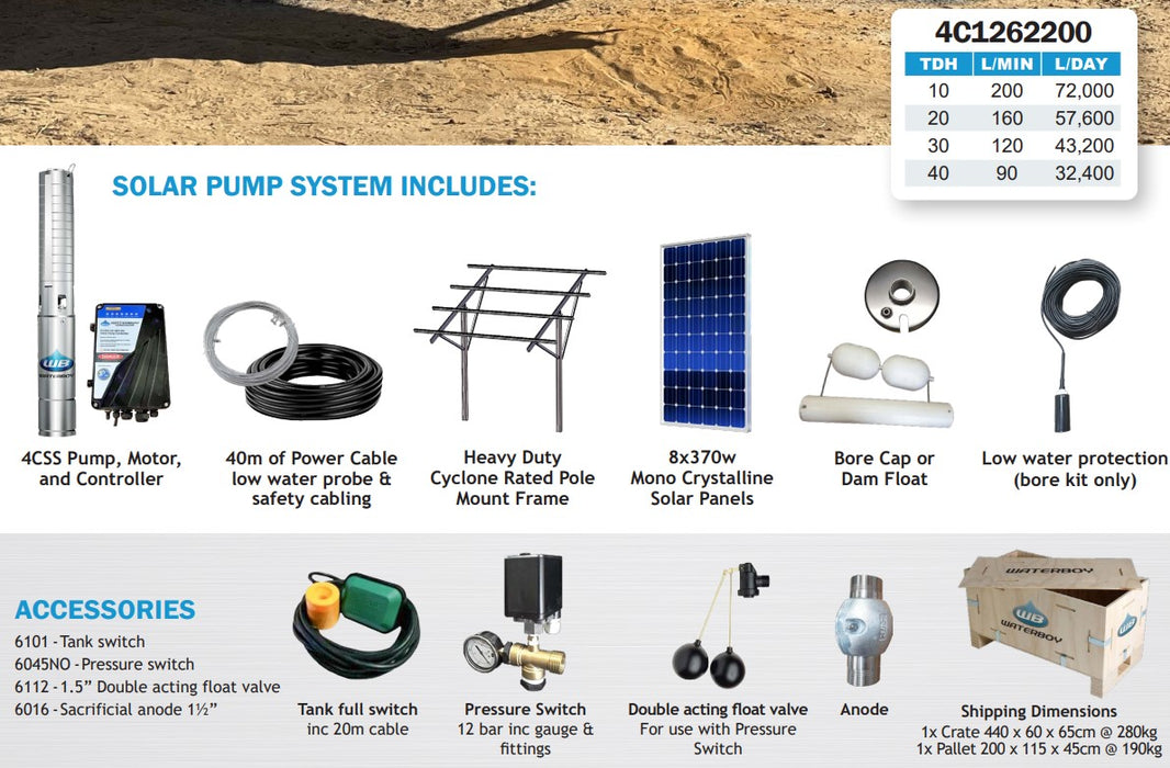 Waterboy 4C1262200 2.20kW Submersible Centrifugal Solar Bore Pump Complete Kit with x8 370W Solar Panels & 40m Cable (Max 200LPM/400kPa)