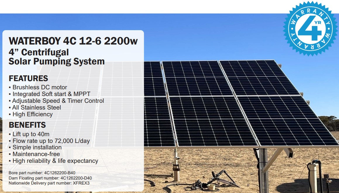 Waterboy 4C1262200 2.20kW Submersible Centrifugal Solar Bore Pump Complete Kit with x8 370W Solar Panels & 40m Cable (Max 200LPM/400kPa)