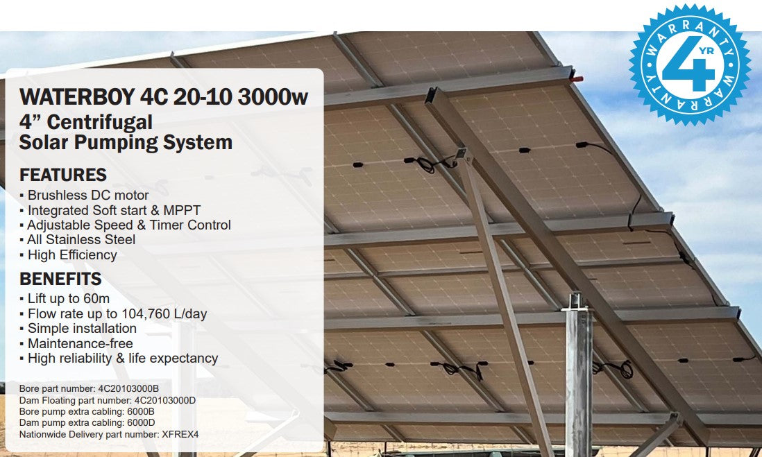 Waterboy 4C20103000 3.00kW High Flow Submersible Centrifugal Solar Bore Pump Complete Kit with x8 450W Solar Panels & 40m Cable (Max 290LPM/600kPa)