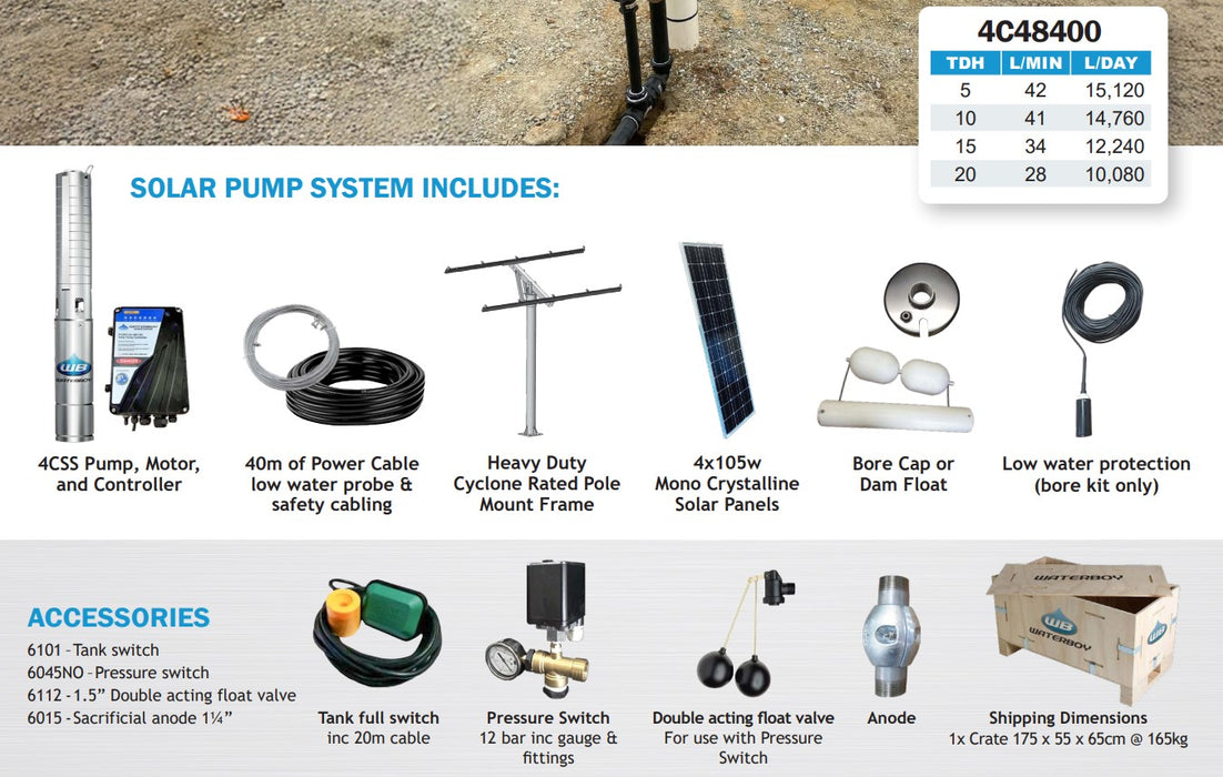 Waterboy 4C48400 0.40kW Submersible Centrifugal Solar Bore Pump Complete Kit with x4 140W Solar Panels & 40m Cable (Max 42LPM/200kPa)