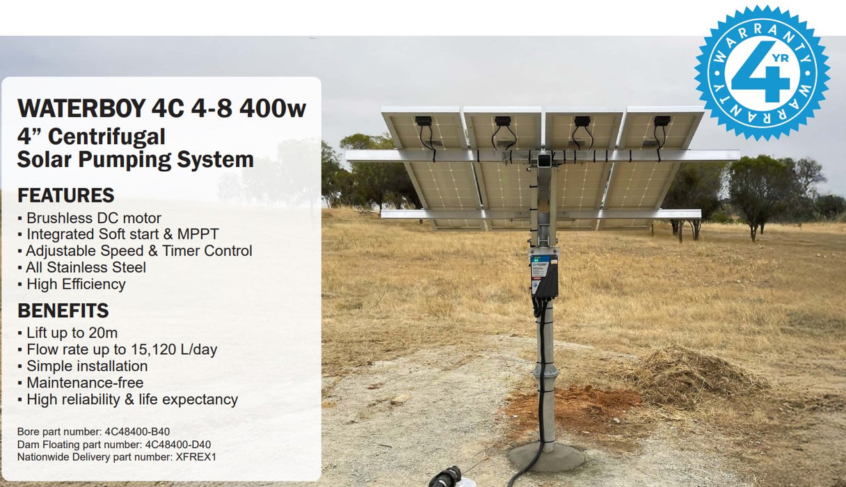 Waterboy 4C48400 0.40kW Submersible Centrifugal Solar Bore Pump Complete Kit with x4 140W Solar Panels & 40m Cable (Max 42LPM/200kPa)