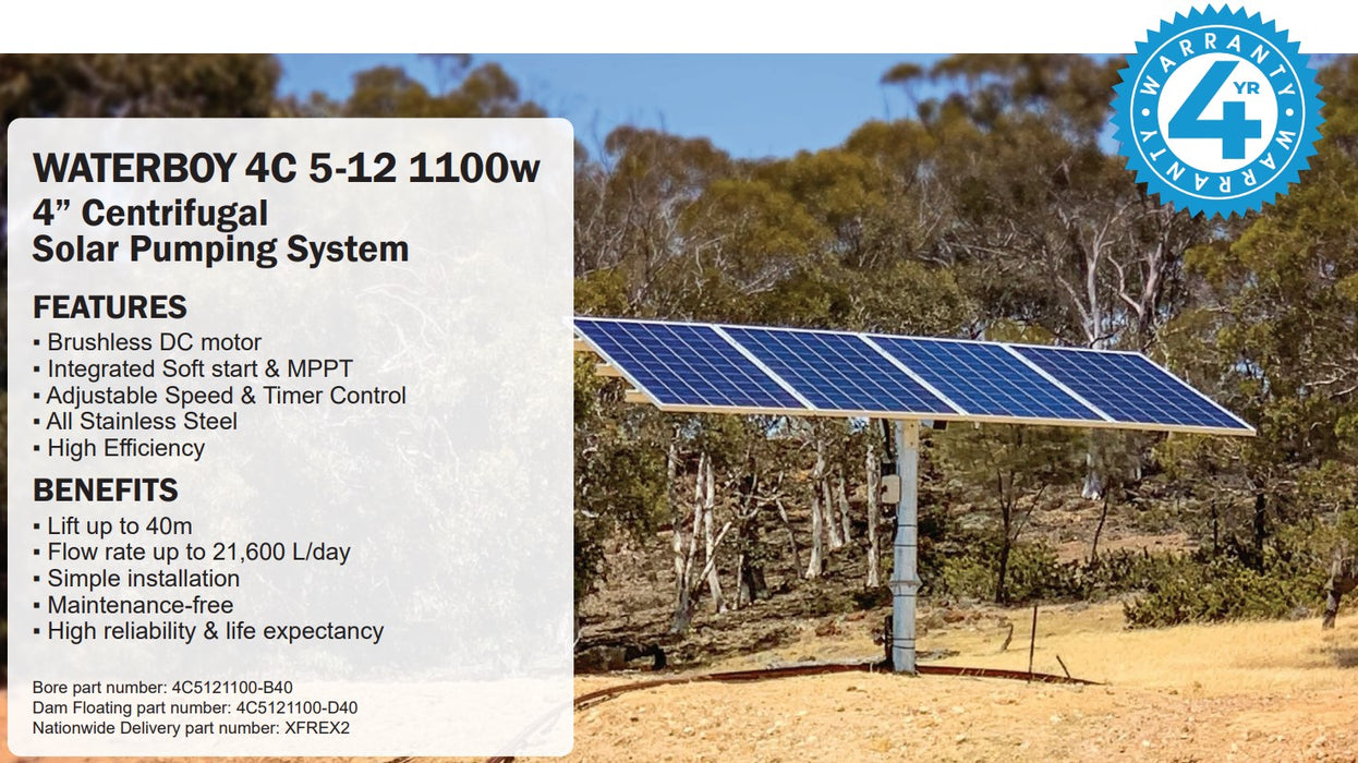 Waterboy 4C5121100 1.10kW Submersible Centrifugal Solar Bore Pump Complete Kit with x4 370W Solar Panels & 40m Cable (Max 60LPM/400kPa)