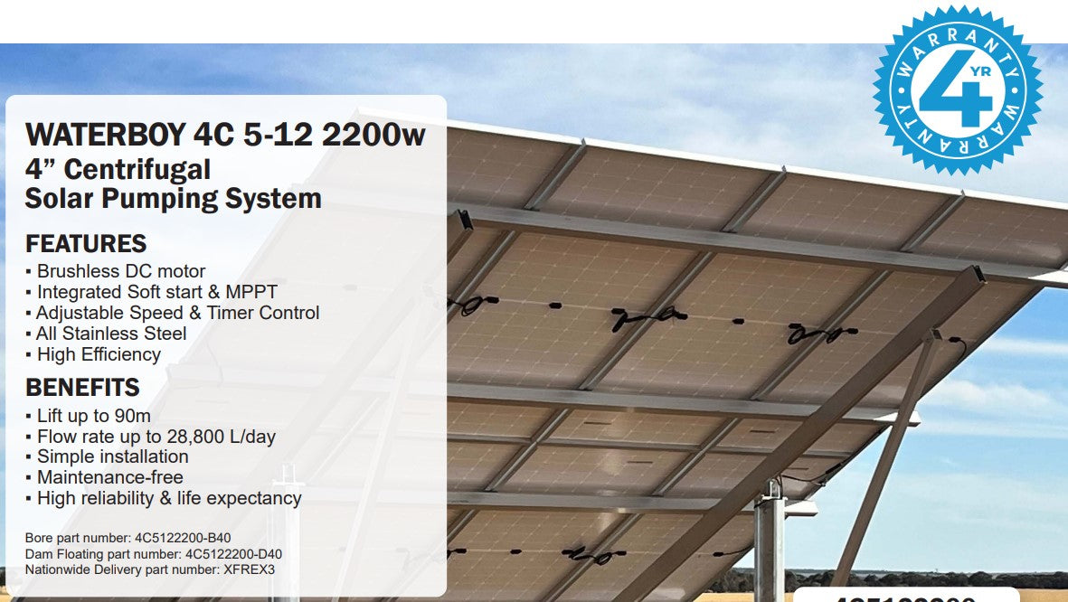 Waterboy 4C5122200 2.20kW Submersible Centrifugal Solar Bore Pump Complete Kit with x8 370W Solar Panels & 40m Cable (Max 80LPM/900kPa)