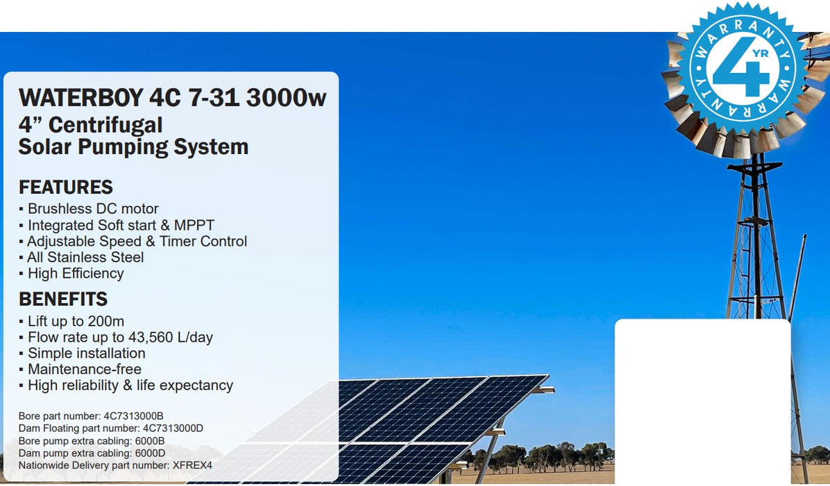 Waterboy 4C7313000 3.00kW High Head Submersible Centrifugal Solar Bore Pump Complete Kit with x8 450W Solar Panels & 40m Cable (Max 100LPM/2000kPa)