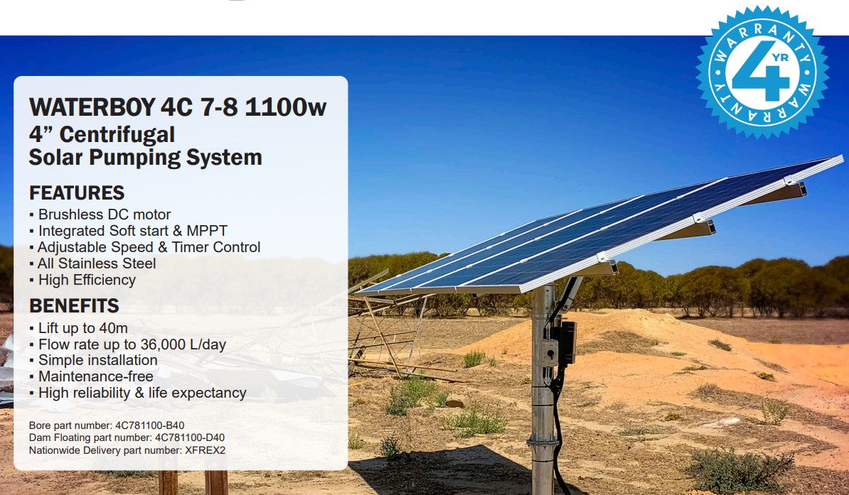 Waterboy 4C781100 1.10kW Submersible Centrifugal Solar Bore Pump Complete Kit with x4 370W Solar Panels & 40m Cable (Max 100LPM/400kPa)