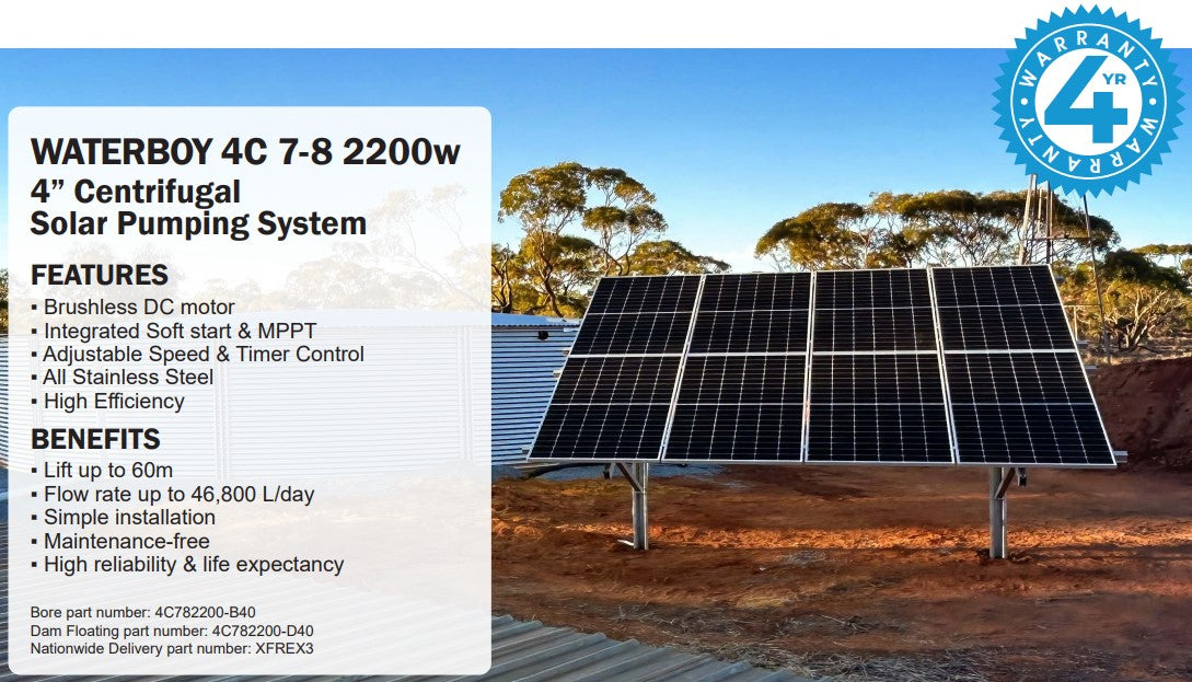 Waterboy 4C782200 2.20kW Submersible Centrifugal Solar Bore Pump Complete Kit with x8 370W Solar Panels & 40m Cable (Max 130LPM/600kPa)