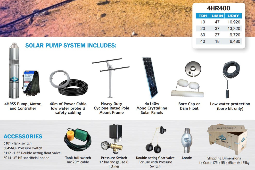 Waterboy 4HR400 1.00kW Submersible Helical Rotor Solar Bore Pump Complete Kit with x4 140W Solar Panels & 40m Cable (Max 47LPM/400kPa)