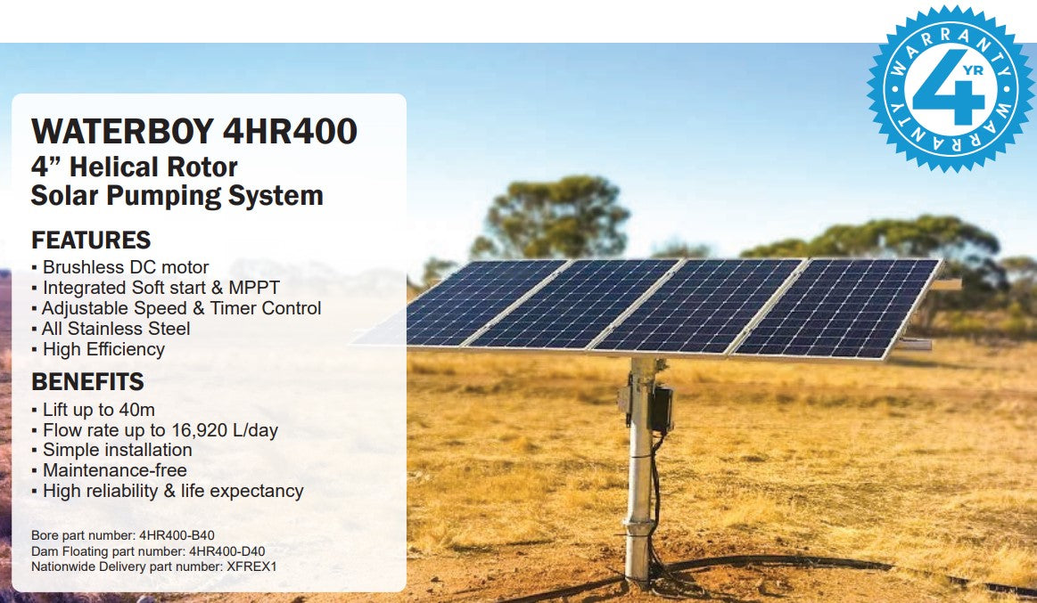 Waterboy 4HR400 1.00kW Submersible Helical Rotor Solar Bore Pump Complete Kit with x4 140W Solar Panels & 40m Cable (Max 47LPM/400kPa)