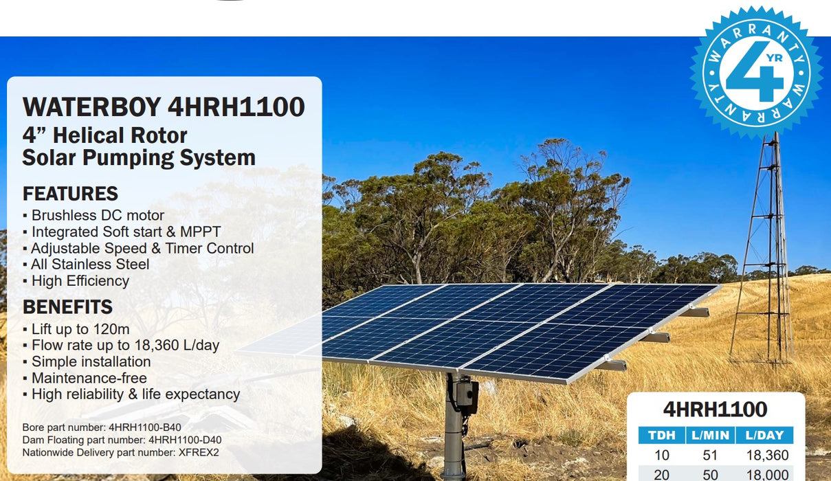 Waterboy 4HRH1100 1.00kW Submersible Helical Rotor Solar Bore Pump Complete Kit with x4 370W Solar Panels & 40m Cable (Max 51LPM/1200kPa)