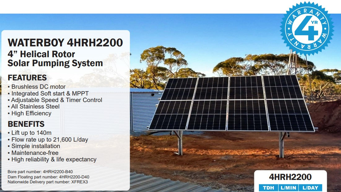 Waterboy 4HRH2200 1.00kW Submersible Helical Rotor Solar Bore Pump Complete Kit with x8 370W Solar Panels & 40m Cable (Max 60LPM/1400kPa)