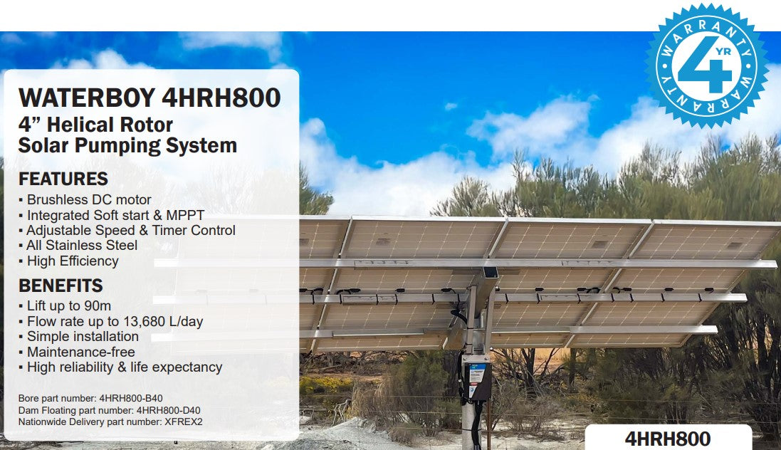 Waterboy 4HRH800 1.00kW Submersible Helical Rotor Solar Bore Pump Complete Kit with x3 370W Solar Panels & 40m Cable (Max 38LPM/900kPa)