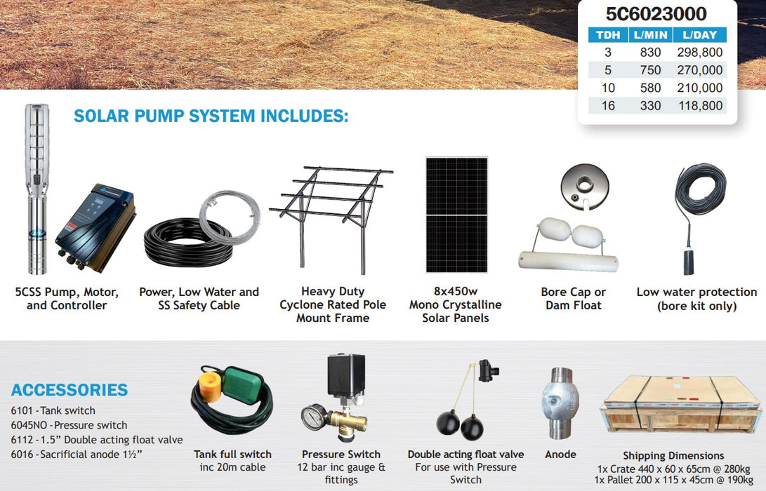 Waterboy 5C6023000 3.00kW High Flow Submersible Centrifugal Solar Bore Pump Complete Kit with x8 450W Solar Panels & 40m Cable (Max 830LPM/160kPa)