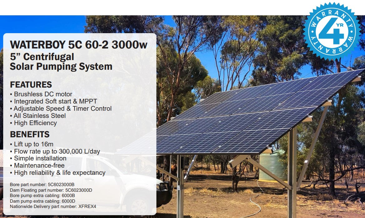 Waterboy 5C6023000 3.00kW High Flow Submersible Centrifugal Solar Bore Pump Complete Kit with x8 450W Solar Panels & 40m Cable (Max 830LPM/160kPa)