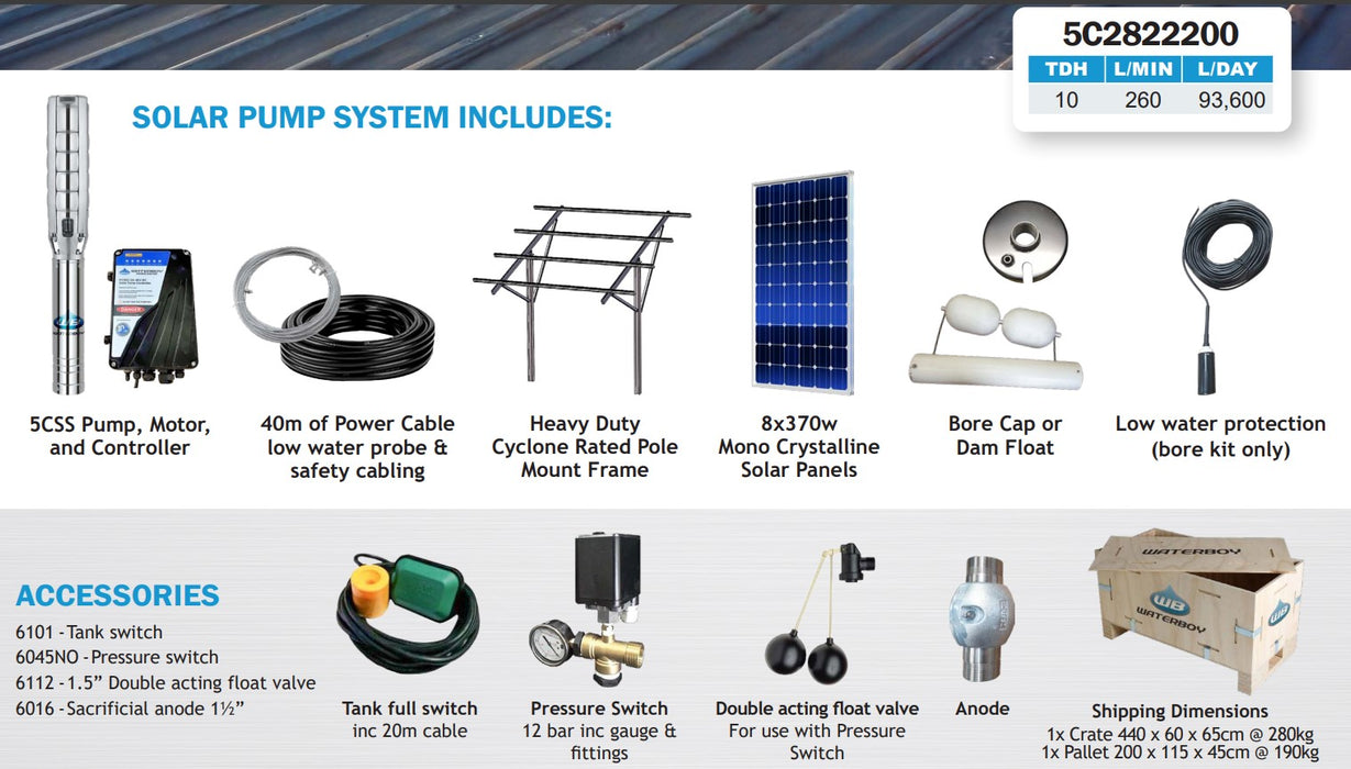 Waterboy 5C2822200 2.20kW Submersible Centrifugal Solar Bore Pump Complete Kit with x8 370W Solar Panels & 40m Cable (Max 260LPM/100kPa)