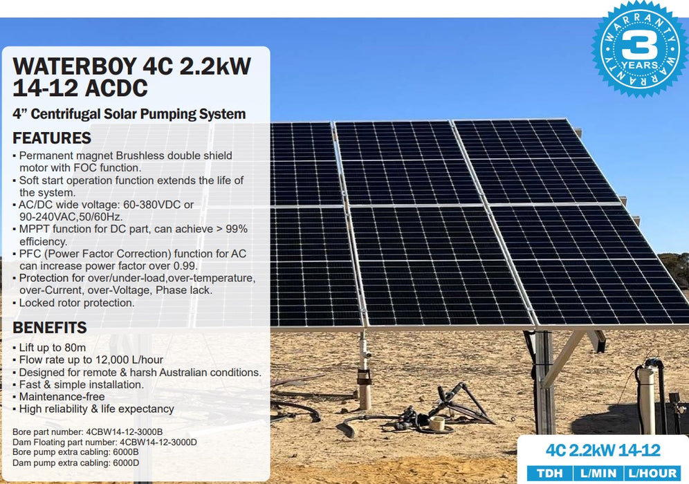 Waterboy 4CBW14-12 2.20kW AC/DC Submersible Centrifugal Solar Bore Pump Kit with x8 370W Solar Panels & 40m Cable (Max 200LPM/600kPa)