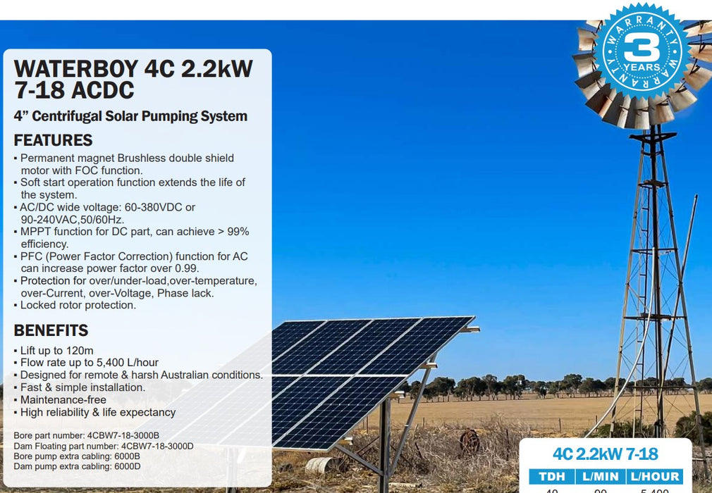 Waterboy 4CBW7-18 2.20kW AC/DC Submersible Centrifugal Solar Bore Pump Kit with x8 370W Solar Panels & 40m Cable (Max 90LPM/1200kPa)