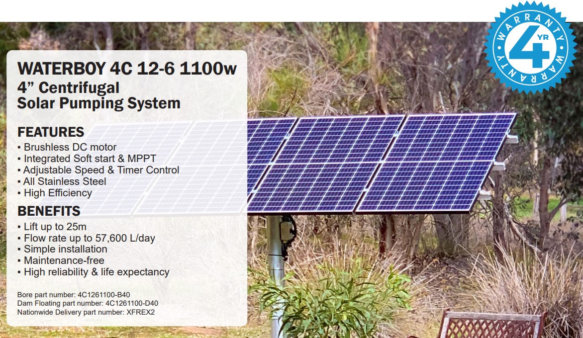 Waterboy 4C1261100 1.10kW Submersible Centrifugal Solar Bore Pump Complete Kit with x4 370W Solar Panels & 40m Cable (Max 160LPM/250kPa)