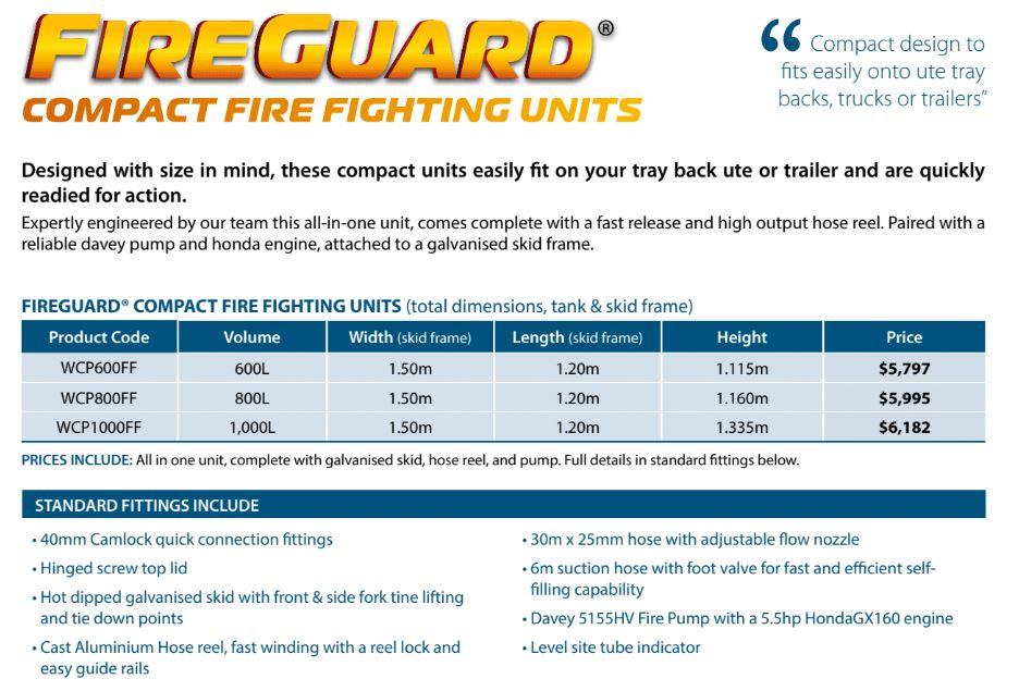 800 Litre FireGuard Compact Firefighting Skid Mounted Unit with Davey 5155HV 5.5hp Pump & Free Perth Delivery <800km (Max 500LPM/600kPa)