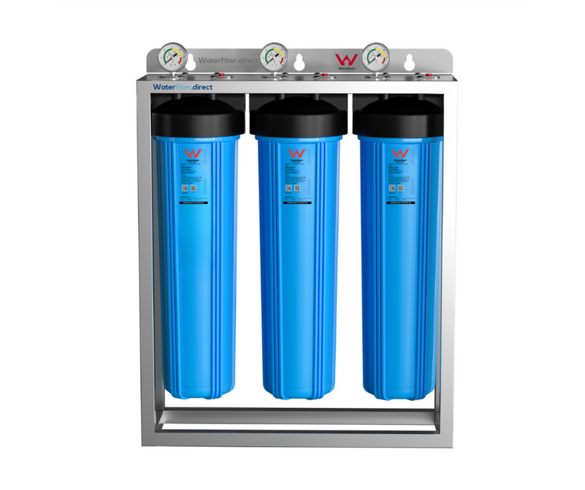Land & Water 3-Stage Complete Home Water Filtration Premium System 20" x 4.5" with SS Cover, Frame & Hard Water (Anti-Scale) Kit