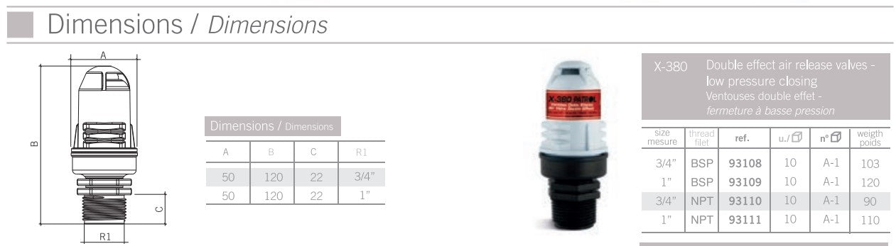 Philmac X380 25mm BSP Dual Action Kinetic Air Release Valve