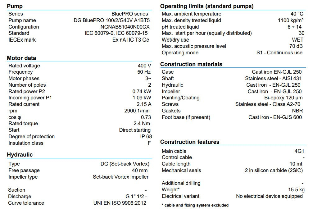 Zenit DG Blue PRO 100 Series 0.75kW 415v Cast Iron Heavy Duty Vortex Drainage Pump (Max 460LPM/110kPa)