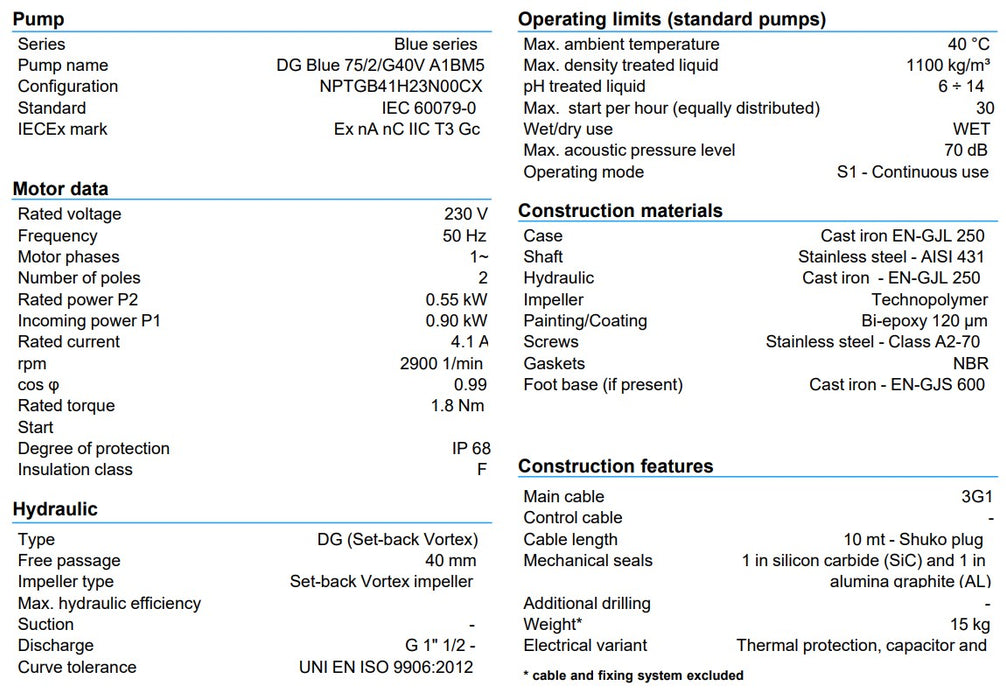 Zenit DG Blue 75 Series 0.55kW 240v Cast Iron Vortex Drainage Pump (Max 420LPM/100kPa)