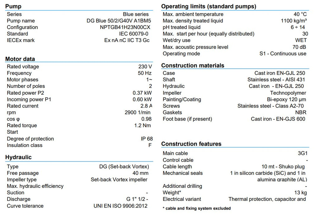 Zenit DG Blue 50 Series 0.37kW 240v Cast Iron Vortex Drainage Pump (Max 290LPM/80kPa)