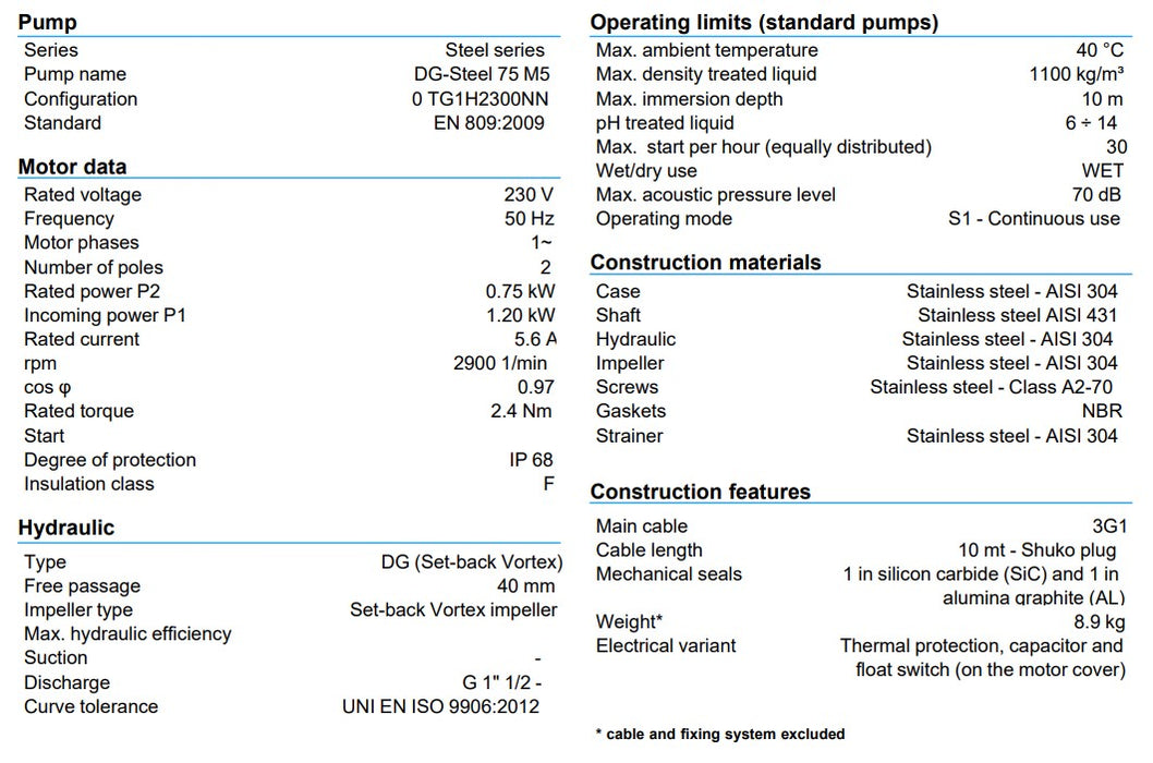 Zenit DG Steel 75 0.75kW High Performing Compact 304 Stainless Steel Drainage Pump (Max 330LPM/160kPa)