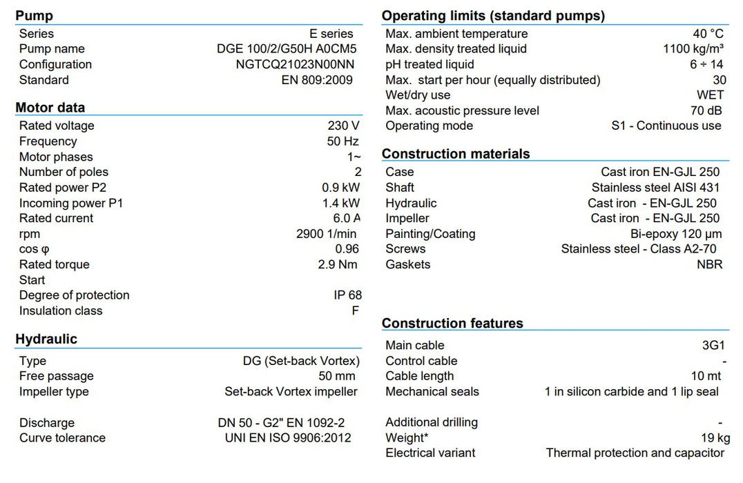Zenit DGE 100 Series 0.88kW 240v Horrizontol Outlet Vortex Drainage Pump (Max 480LPM/130kPa)