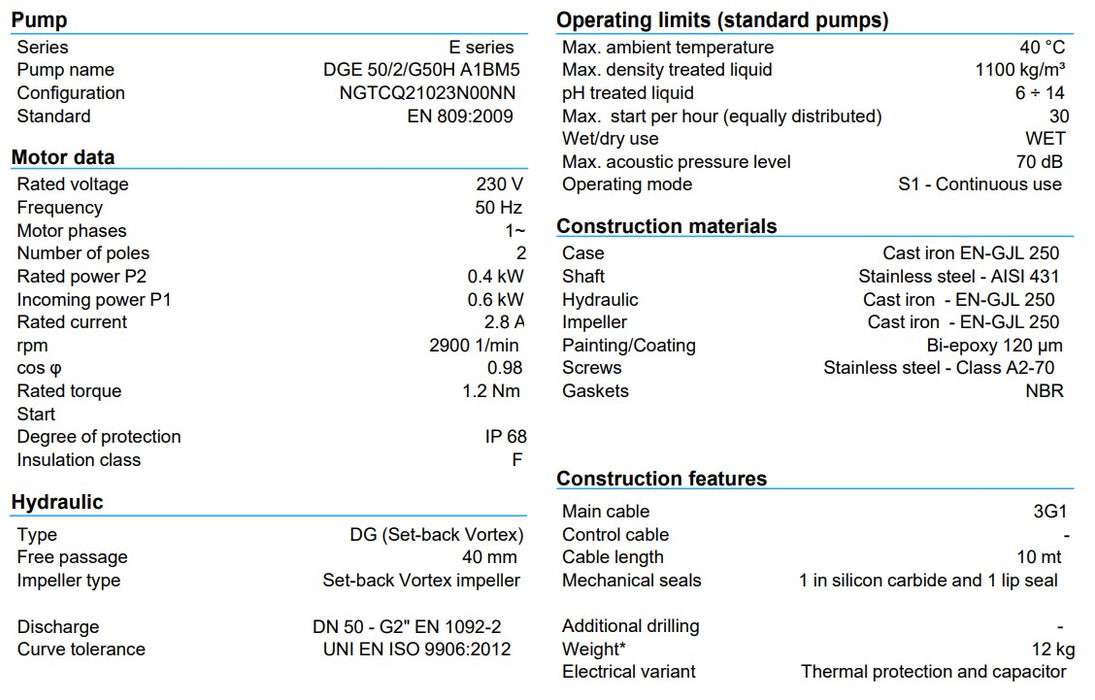 Zenit DGE 50 Series 0.37kW 240v Horrizontol Outlet Vortex Drainage Pump (Max 240LPM/60kPa)