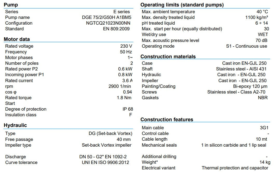Zenit DGE 75 Series 0.55kW 240v Horrizontol Outlet Vortex Drainage Pump (Max 360LPM/80kPa)