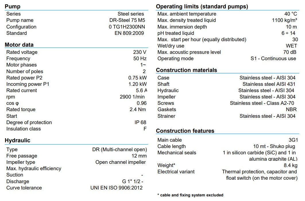 Zenit DR Steel 75 240v Compact Stainless Steel Drainage Pumps with Float Switch (Max 330LPM/160kPa)