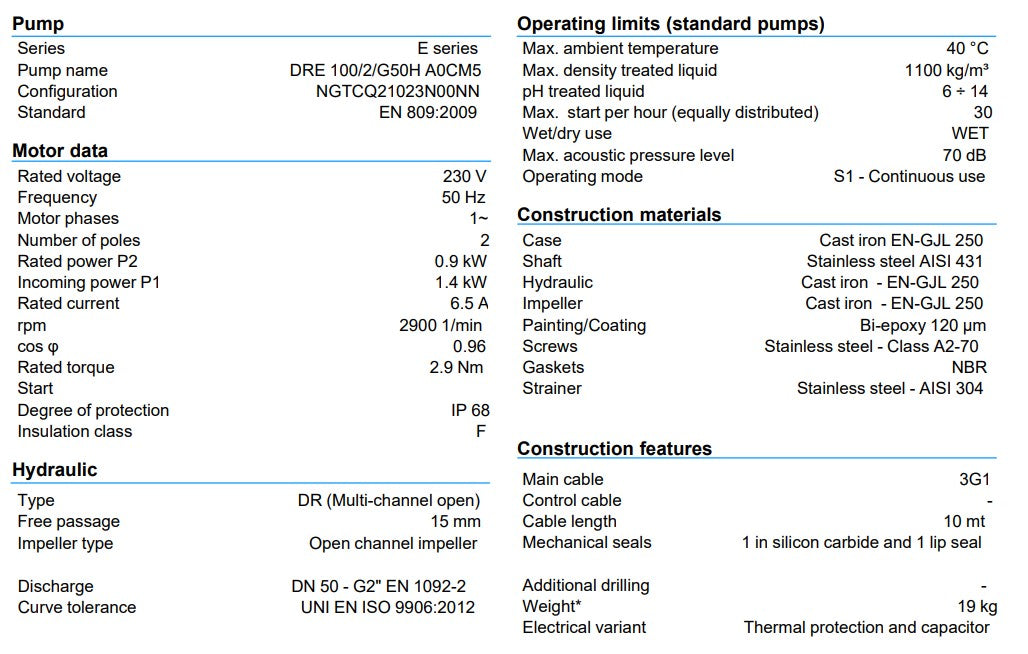 Zenit DRE 100 Series 240v Horrizontol Outlet Drainage Pumps (Max 540LPM/130kPa)