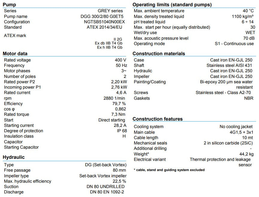 Zenit DDG300 Cast Iron 2 Pole Industrial Vortex Drainage Pump (Max 810LPM/90kPa)