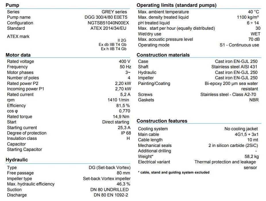 Zenit DDG300 Cast Iron 4 Pole Industrial Vortex Drainage Pump (Max 1380LPM/110kPa)