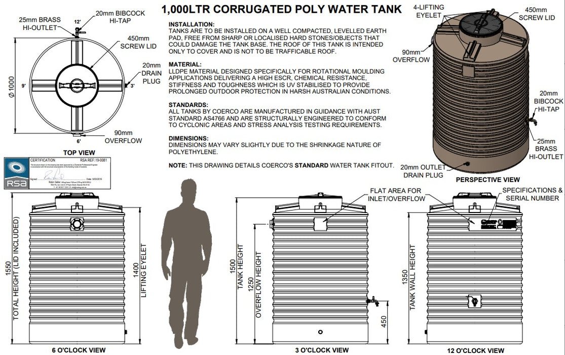 1000LTR Premium Corrugated Round Poly Water Tanks Perth