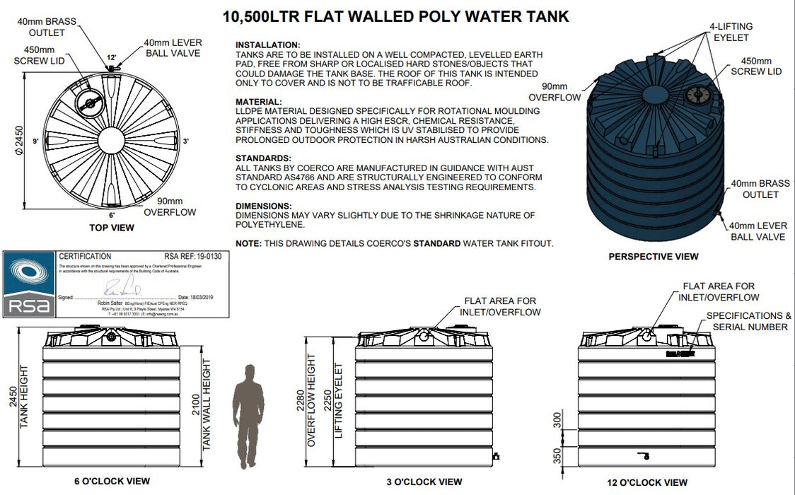 10,500LTR Premium Flatwall Round Poly Water Tanks Perth