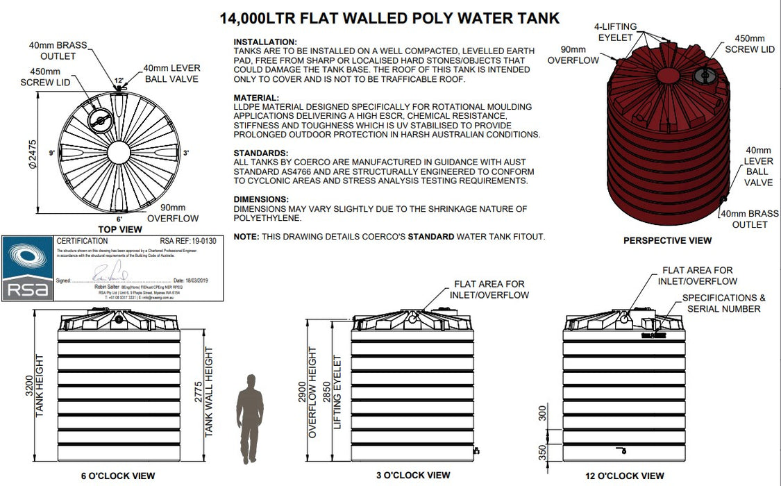 14,000LTR Premium Flatwall Round Poly Water Tanks Perth
