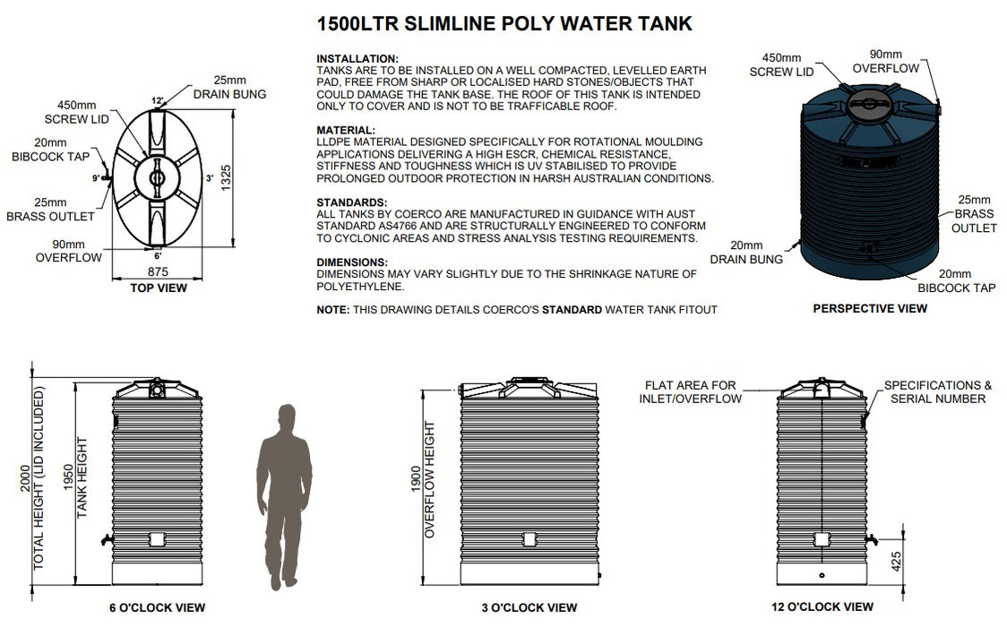 1500LTR Slimline Space-Saving Poly Rainwater Tanks Perth