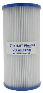 Sediment Filters 10" x 4.5" Polyester Pleated Product Name: 10" x 4.5" Polyester Pleated Cartridges 1 Micron, 10" x 4.5" Polyester Pleated Cartridges 5 Micron, 10" x 4.5" Polyester Pleated Cartridges 20 Micron, 10" x 4.5" Polyester Pleated Cartridges 50 Micron