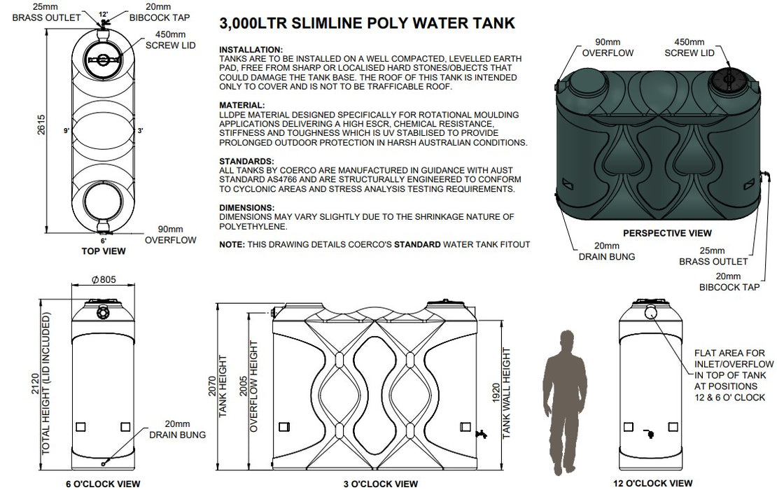 3000LTR Slimline Space-Saving Poly Rainwater Tanks Perth