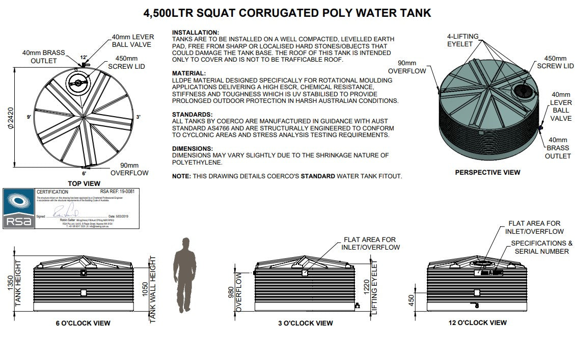 4500LTR Premium Corrugated Squat Round Poly Water Tanks Perth