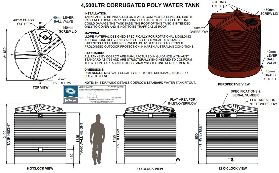 4500LTR Premium Corrugated Round Poly Water Tanks Perth