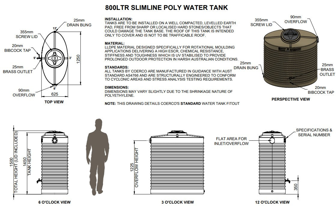 800LTR Slimline Space-Saving Poly Rainwater Tanks Perth