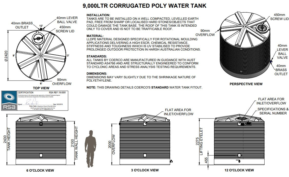 9000LTR Premium Corrugated Round Poly Water Tanks Perth
