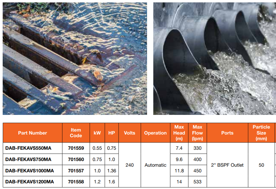 DAB VORTEX FEKA VS Stainless Steel Submersible Heavy Duty Drainage Pumps Product Name: FEKAVS550MA - 240V 0.55kW Vortex Pump, FEKAVS750MA - 240V 0.75kW Vortex Pump, FEKAVS1000MA - 240V 1.0kW Vortex Pump, FEKAVS1200MA - 240V 1.2kW Vortex Pump