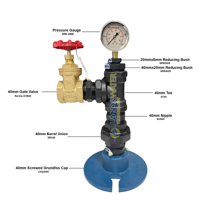 40mm Domestic Bore Cap Headworks with Pressure Gauge and Valve