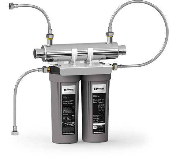 Puretec Hybrid M1 Mini Series | Undersink Filter System Product Name: Hybrid M1 - Twin Undersink UV Water Treatment 10" 1/2" Connection (Max Flow 8 Lpm), Replacement Pleated Sediment Cartridge - Washable (5 Micron), Replacement Silver Impregnated Moulded Carbon Cartridge (1 Micron)